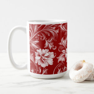 Taza De Café Patrón floral barroco monocromático, blanco sobre 