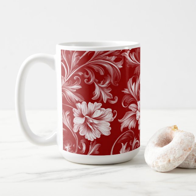 Taza De Café Patrón floral barroco monocromático, blanco sobre  (Con donut)