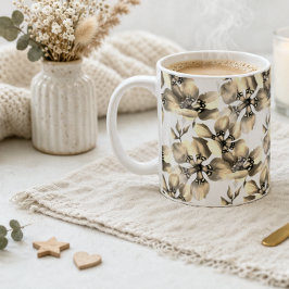 Taza De Café Patrón Floral Beige Elegante Neutro Clásico