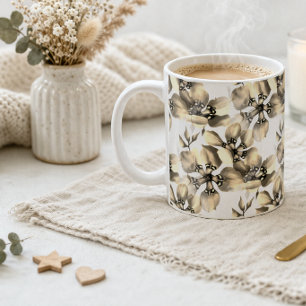 Taza De Café Patrón Floral Beige Elegante Neutro Clásico