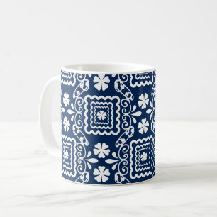 Taza De Café patrón floral blanco azul retro años sesenta