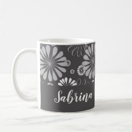 Taza De Café Patrón floral blanco y gris