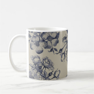 Taza De Café Patrón Floral Botánico Toile Azul Vintage Antiguo