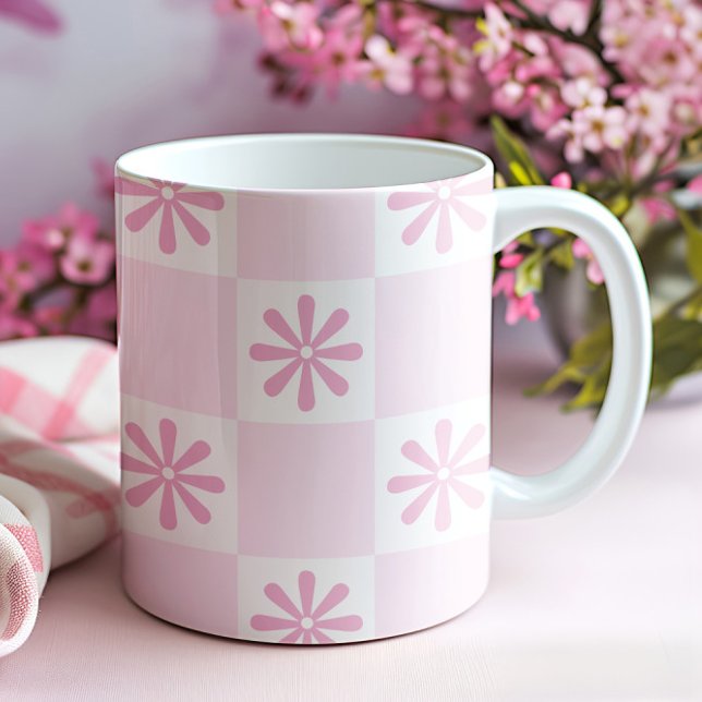 Taza De Café Patrón floral de chequeo rosa retro (Subido por el creador)