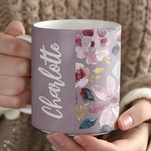 Taza De Café Patrón Floral de Lila Monograma 