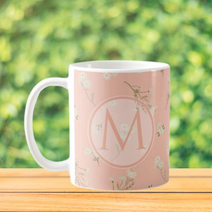 Taza De Café Patrón floral de margarita blanca con monograma