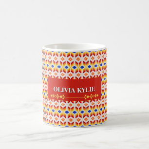 Taza De Café Patrón floral de píxel geométrico en rojo naranja 