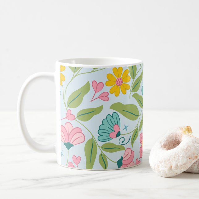 Taza De Café Patrón floral de primavera sobre azul claro (Con donut)