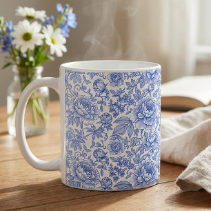 Taza De Café Patrón Floral de Toile Azul Botánico Clásico