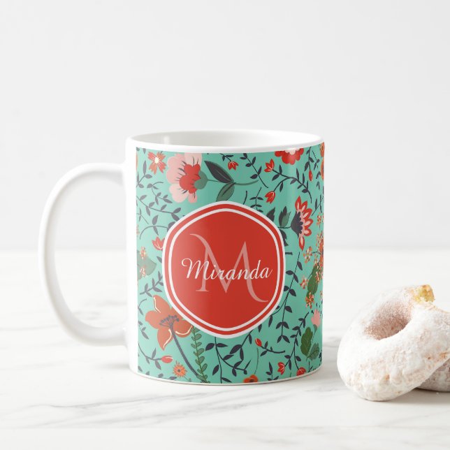 Taza De Café Patrón floral en monograma Verde azulado y Naranja (Con donut)