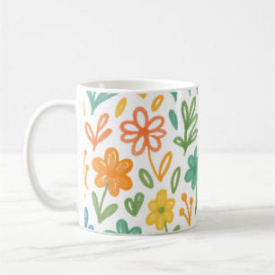Taza De Café Patrón Floral Ilustrado en Naranja Azul y Amarillo