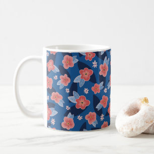 Taza De Café Patrón floral melocotón y azul