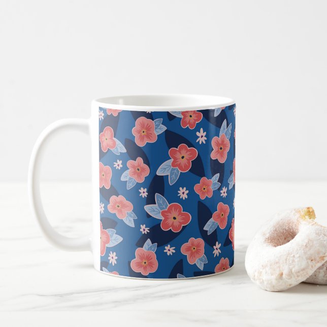 Taza De Café Patrón floral melocotón y azul (Con donut)