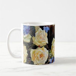 Taza De Café Patrón floral moderno, rosas blancas, hidrangea az