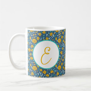 Taza De Café Patrón floral monograma acuarela dorado y azul