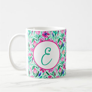 Taza De Café Patrón floral monograma acuarela primavera rosa