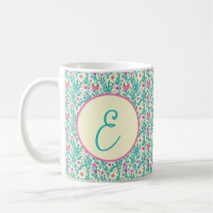 Taza De Café Patrón floral monograma acuarela rosa y azul