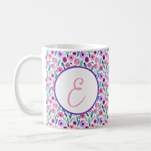 Taza De Café Patrón floral monograma acuarela rosa y púrpura