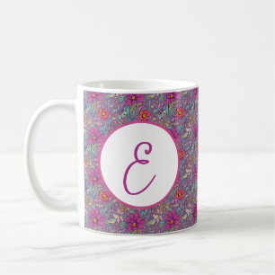 Taza De Café Patrón floral monograma de púrpura y amarillo