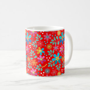 Taza De Café Patrón floral multicolor brillante retro años sese