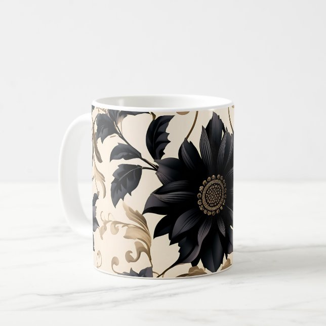 Taza De Café Patrón floral negro elegante (Anverso izquierdo)