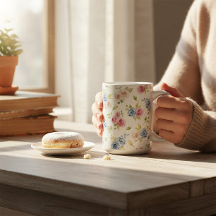 Taza De Café Patrón Floral Pastel Rosas Azules y Rosadas Acuare