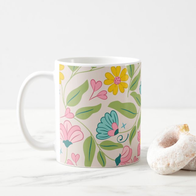 Taza De Café Patrón floral primaveral en rosa (Con donut)