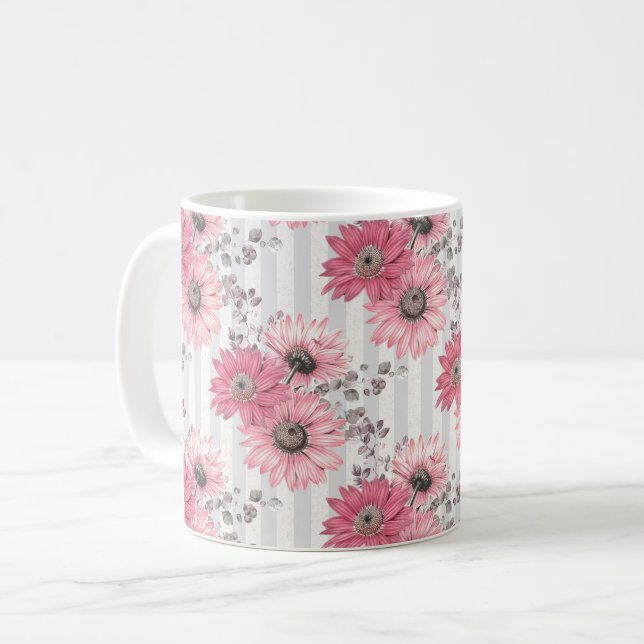 Taza De Café Patrón floral rayado de bonito rosado (Anverso izquierdo)