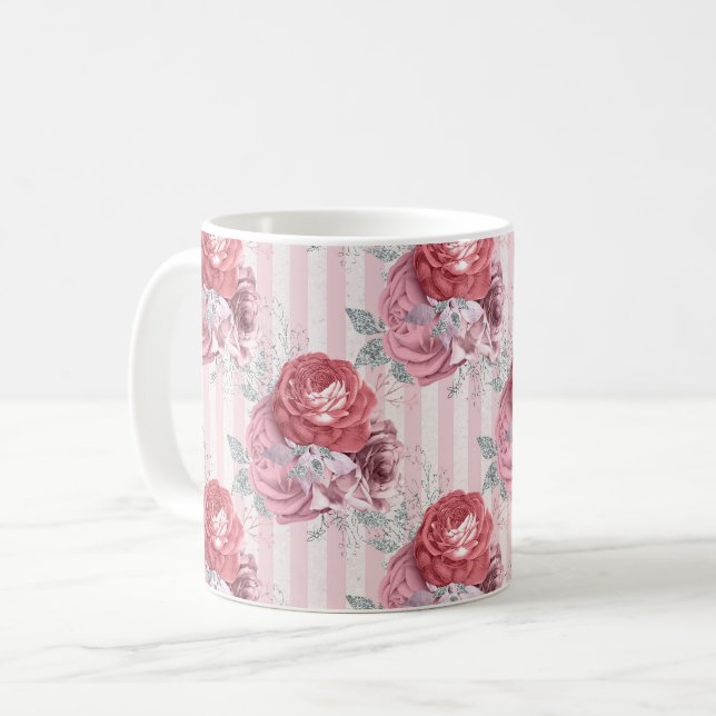 Taza De Café Patrón floral rayado rosado de bonito (Anverso izquierdo)