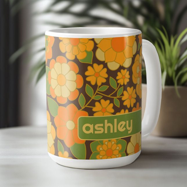 Taza De Café Patrón floral retro de moda con bloque de nombres (Custom Mug - Personalize with Your Name or Initials)