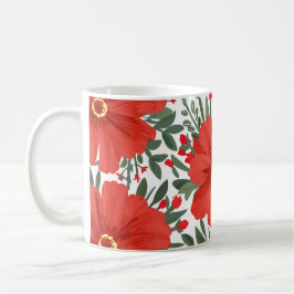 Taza De Café Patrón floral rojo audaz con hojas verdes frondosa