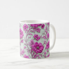Taza De Café Patrón floral rosa vibrante con flores magenta