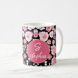 Taza De Café Patrón floral rosa vintage Monogramado