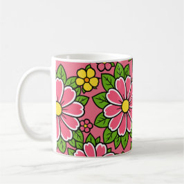 Taza De Café Patrón floral rosa y amarillo con hojas verdes