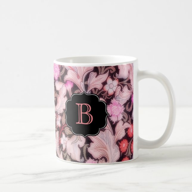 Taza De Café Patrón floral rosado de Leicester con monograma (Derecha)