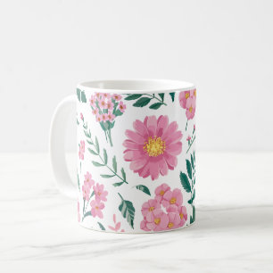 Taza De Café Patrón floral rosado vibrante con vegetación exube