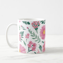 Taza De Café Patrón floral rosado vibrante con vegetación exube