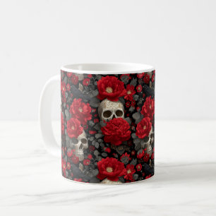 Taza De Café Patrón floral sin fisuras de cuervo y calavera gót