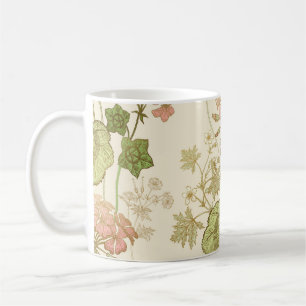 Taza De Café Patrón floral sin foco. Follaje verde, color rosa