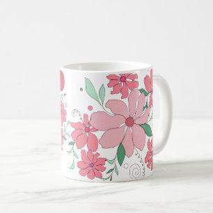 Taza De Café Patrón floral suave de color rosa con hojas verdes