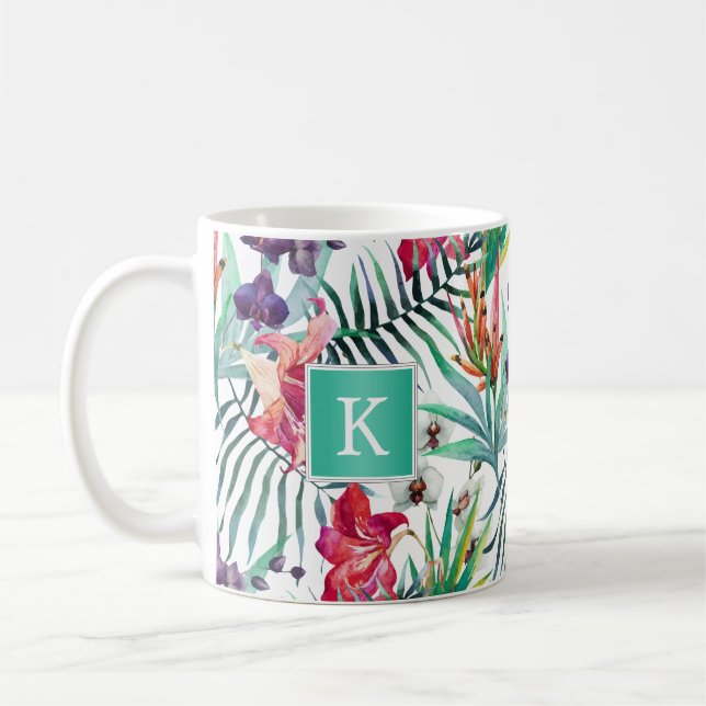 Taza De Café Patrón floral tropical brillante con monograma (Izquierda)