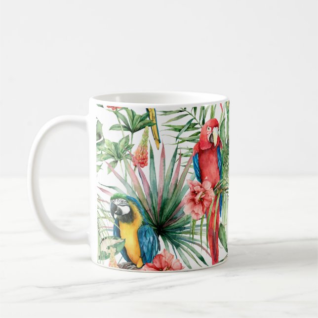 Taza De Café Patrón fluvial tropical sin costuras con loros (Izquierda)