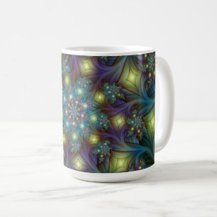 Taza De Café Patrón fractal azul violeta iluminado