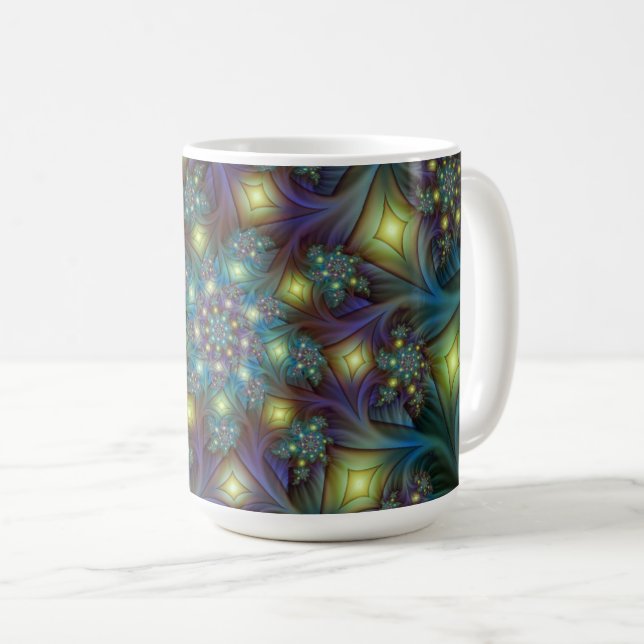 Taza De Café Patrón fractal azul violeta iluminado (Anverso derecho)