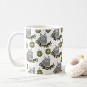 Taza De Café Patrón Gato Gris con ornamentos verdes