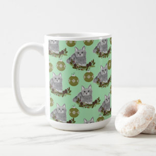 Taza De Café Patrón Gato Gris con ornamentos verdes 