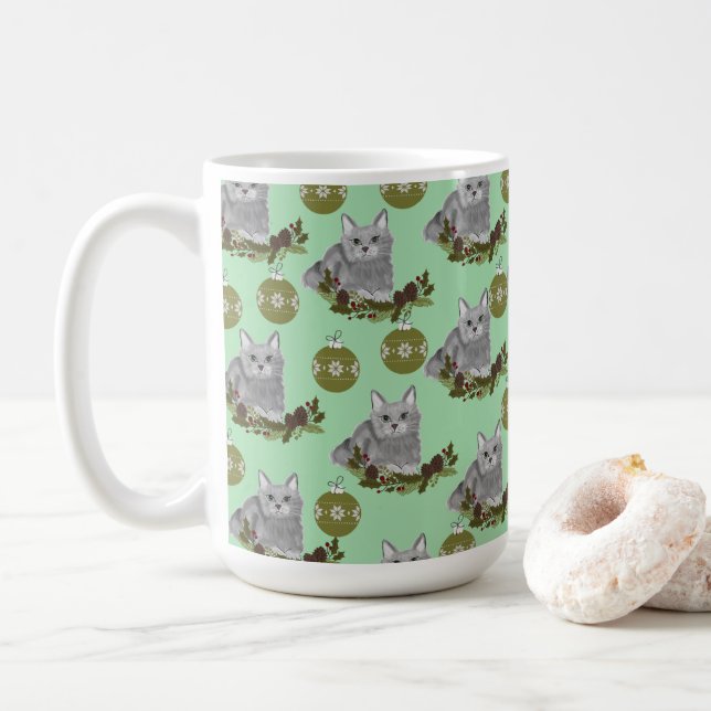 Taza De Café Patrón Gato Gris con ornamentos verdes (Con donut)