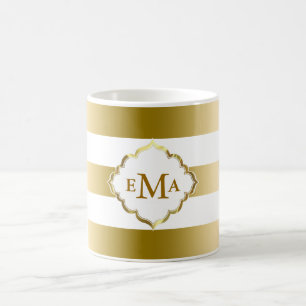 Taza De Café Patrón geométrico de bandas de oro monogramadas