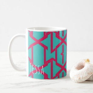 Taza De Café Patrón Geométrico Magenta Neón y Turquesa