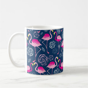 Taza De Café Patrón gráfico de flamencos rosados en una b azul